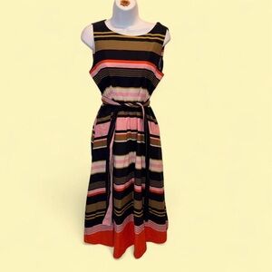 Ann Taylor Striped Midi Dress in Black, Pink, and Orange
